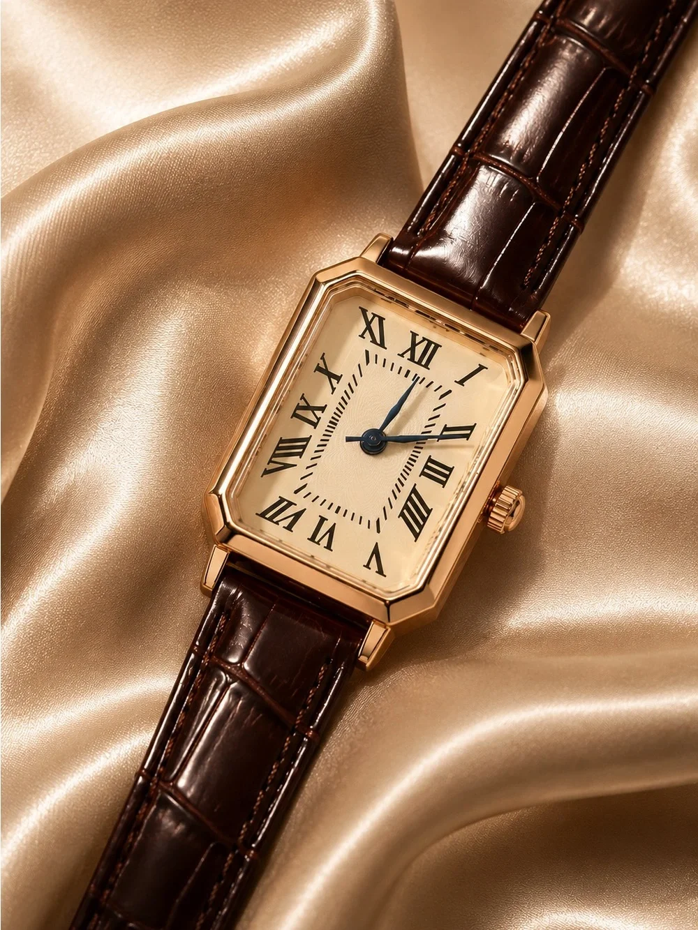 Women Classic Rectangular Gold-Tone Watch with Brown Leather Strap